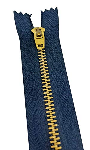 Heavy Duty 7 Inch Metal Zippers #5 Navy Tape with Golden Brass Teeth - 6 Pack Closed End Spring Lock Sliders for Jeans, Denim Pockets, Clothing & Sewing Crafts | Perfect for DIY Projects, Jacket Repairs & Bag Making (7