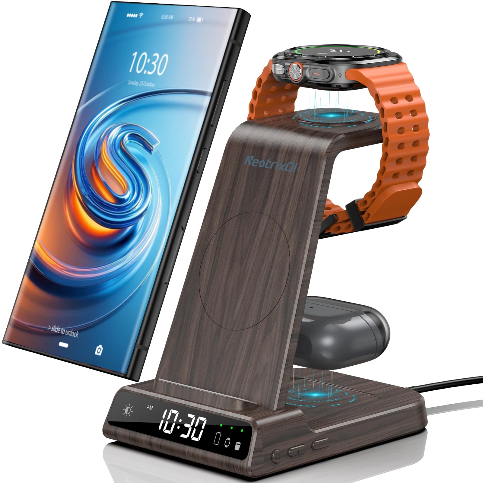 3-in-1 Wireless Charging Station for Samsung Galaxy S24 Ultra/S23 Ultra/Z Flip 6/Fold 6/Buds & Galaxy Watch 7/6/5/4 | Fast Qi-Certified Charger | Nightstand, Office & Travel Use (Samsung Exclusive)