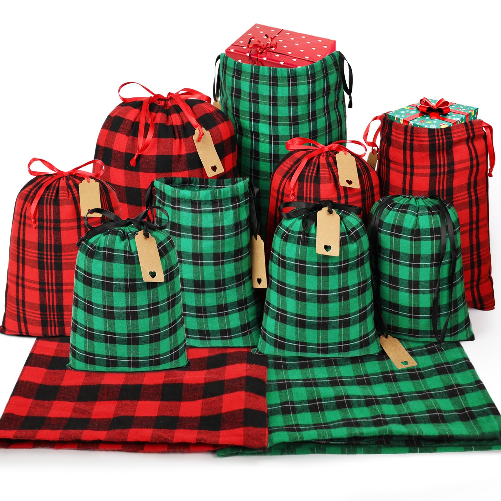 HRX Christmas Gift Bags Set - 9pcs Assorted Sizes (20in Large, 16in Medium, 12in Small) Cotton Fabric Wrapping Sacks for Holiday Presents, Party Favors & Stocking Stuffers - Perfect for Xmas, Birthday, Wedding Gifts & Home Decor