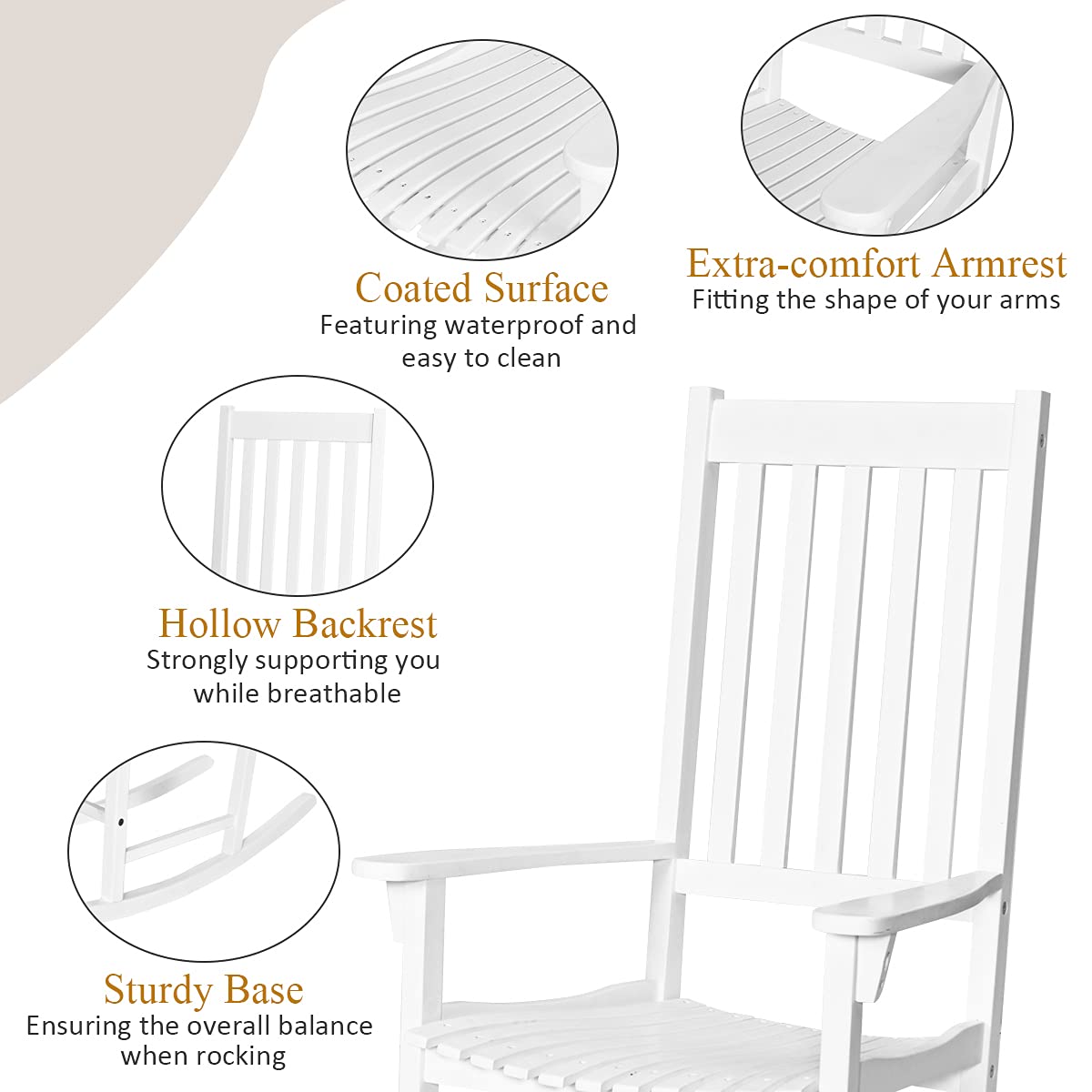Tangkula Acacia Wood Porch Rocking Chair Set - 2-Piece White Wooden Rocker with High Back & Armrests for Indoor/Outdoor Use - Perfect for Garden, Lawn, Balcony, Backyard & Poolside Relaxation