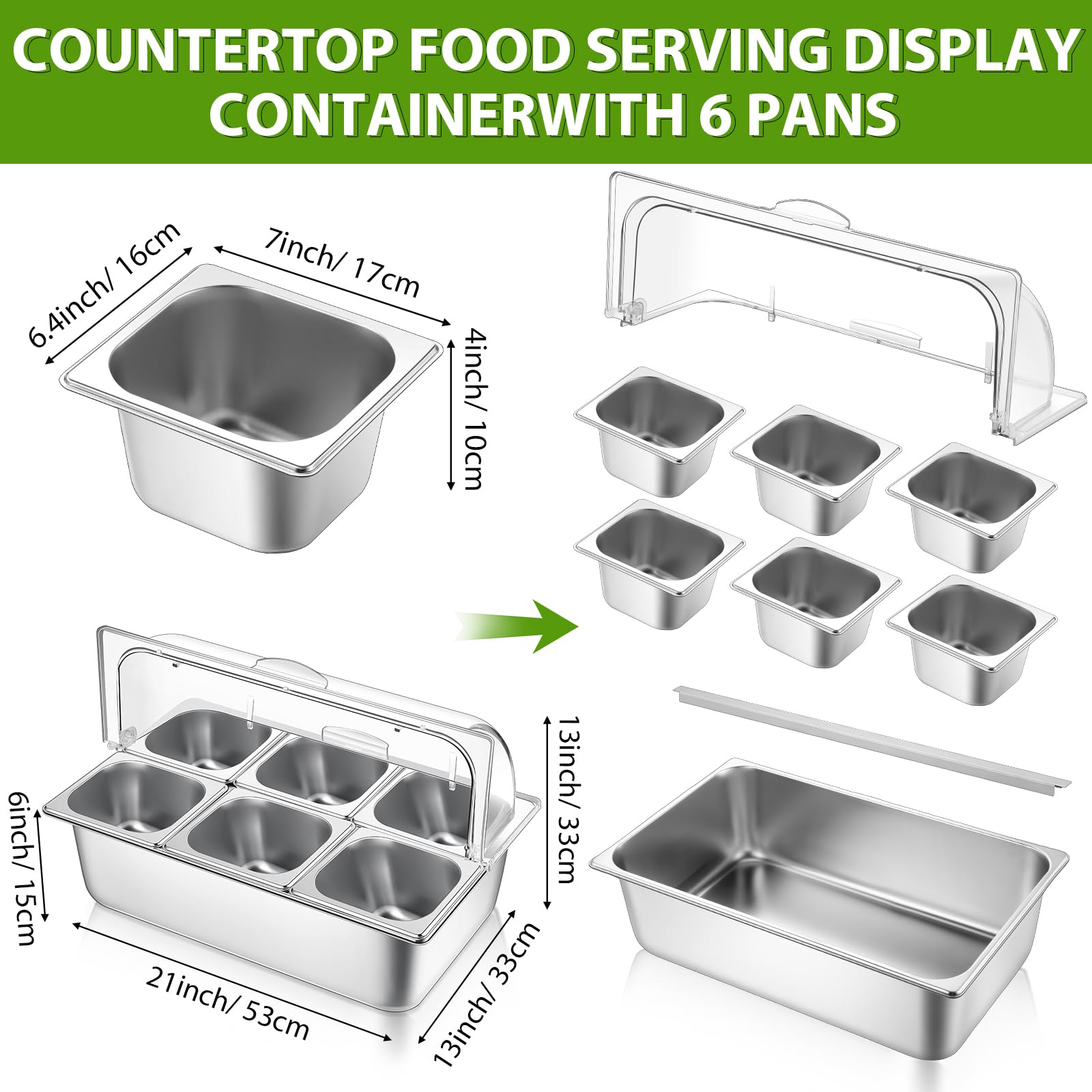 Stainless Steel Buffet Food Serving Tray with Clear Roll Top Cover - 6 Pan Countertop Display Container for Restaurants, Hotels & Parties | Perfect for Condiment Dispensing, Catering Events & Buffet Style Dining