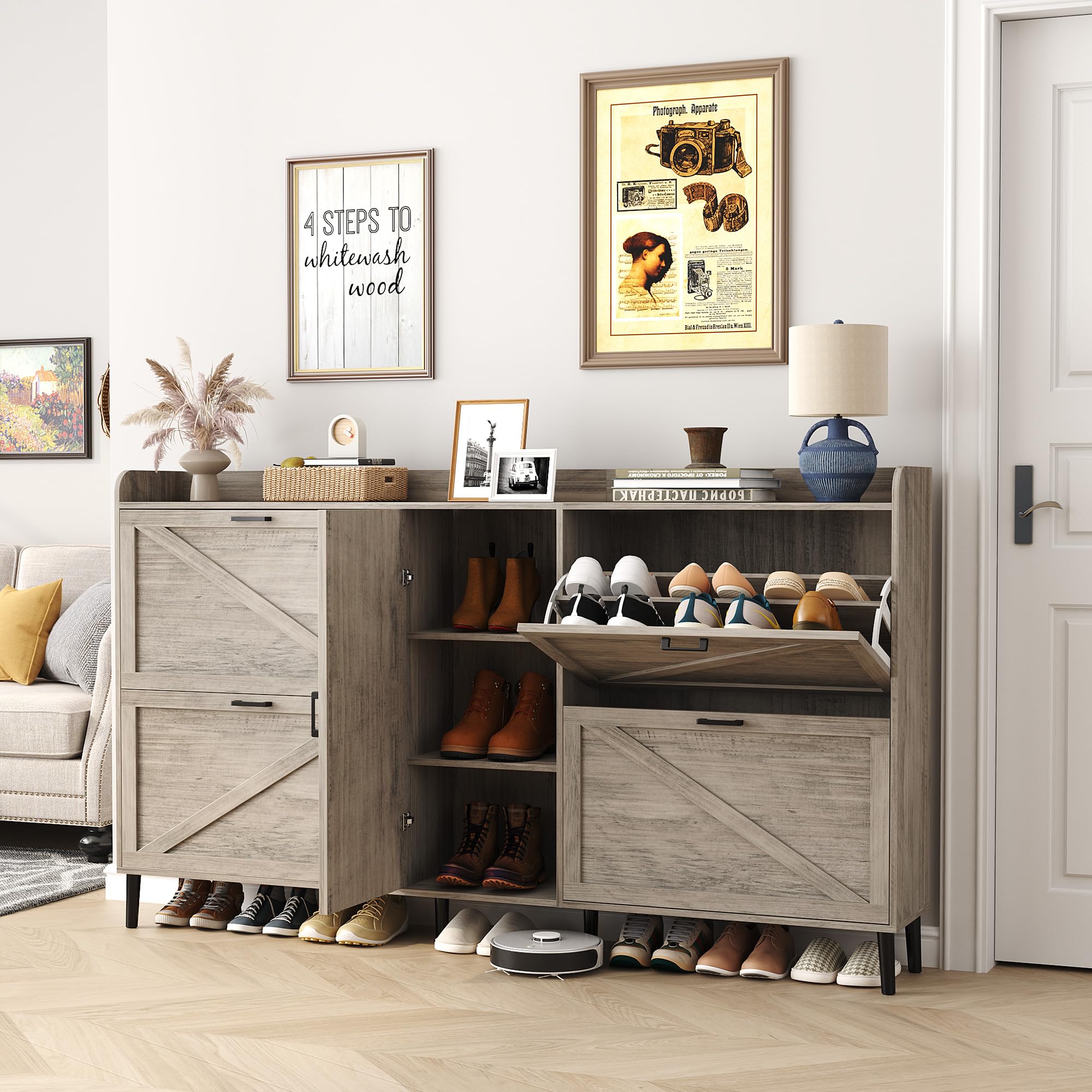 HOMEFORT Large Shoe Cabinet with 4 Flip Drawers - Farmhouse Narrow Entryway Shoe Organizer | Adjustable Side Cabinet for Boot Storage | 6 Wood Legs in Washed Gray | Perfect for Small Spaces, Hallways & Mudrooms