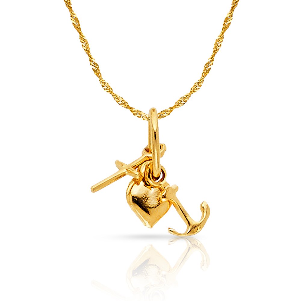 14K Yellow Gold Faith Hope Charity Lucky Charm Pendant Necklace with 0.9mm Singapore Chain - Perfect for Gifts, Daily Wear & Special Occasions