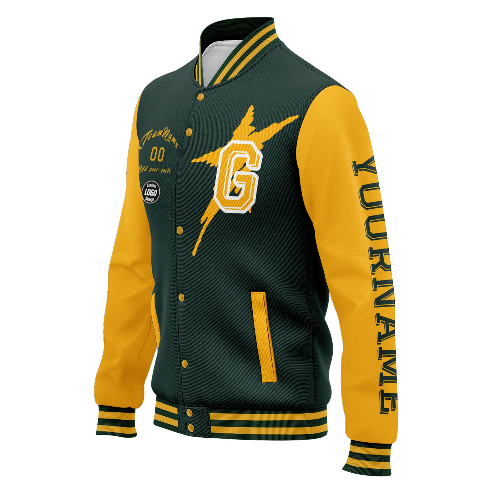 Custom Green & Yellow Green Bay Bomber Jacket - Personalized Varsity Letterman Jacket with Full Snap Closure (FZ005SX D020290) - Perfect for Football Games, School Spirit Events & Vintage Fashion