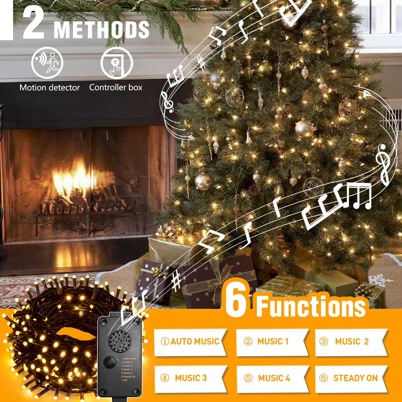 EAMBRITE 82 Ft 200 LED Christmas Lights with Music & Motion Sensor - Warm White Outdoor String Lights for Christmas Tree, Party, Patio, Garden Decor - Perfect for Holiday, Wedding, and Home Decoration
