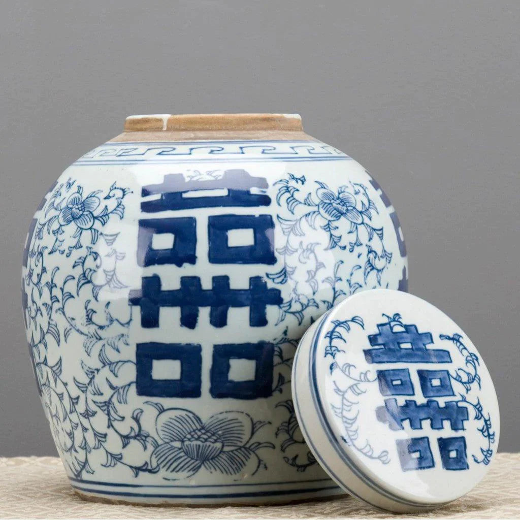 Blue and White Double Happiness Lidded Jar - Chinese Wedding Ceramic Tea Canister, Home Decor & Gift for Couples - Perfect for Wedding Favors, Anniversary Gifts & Boho Home Decor