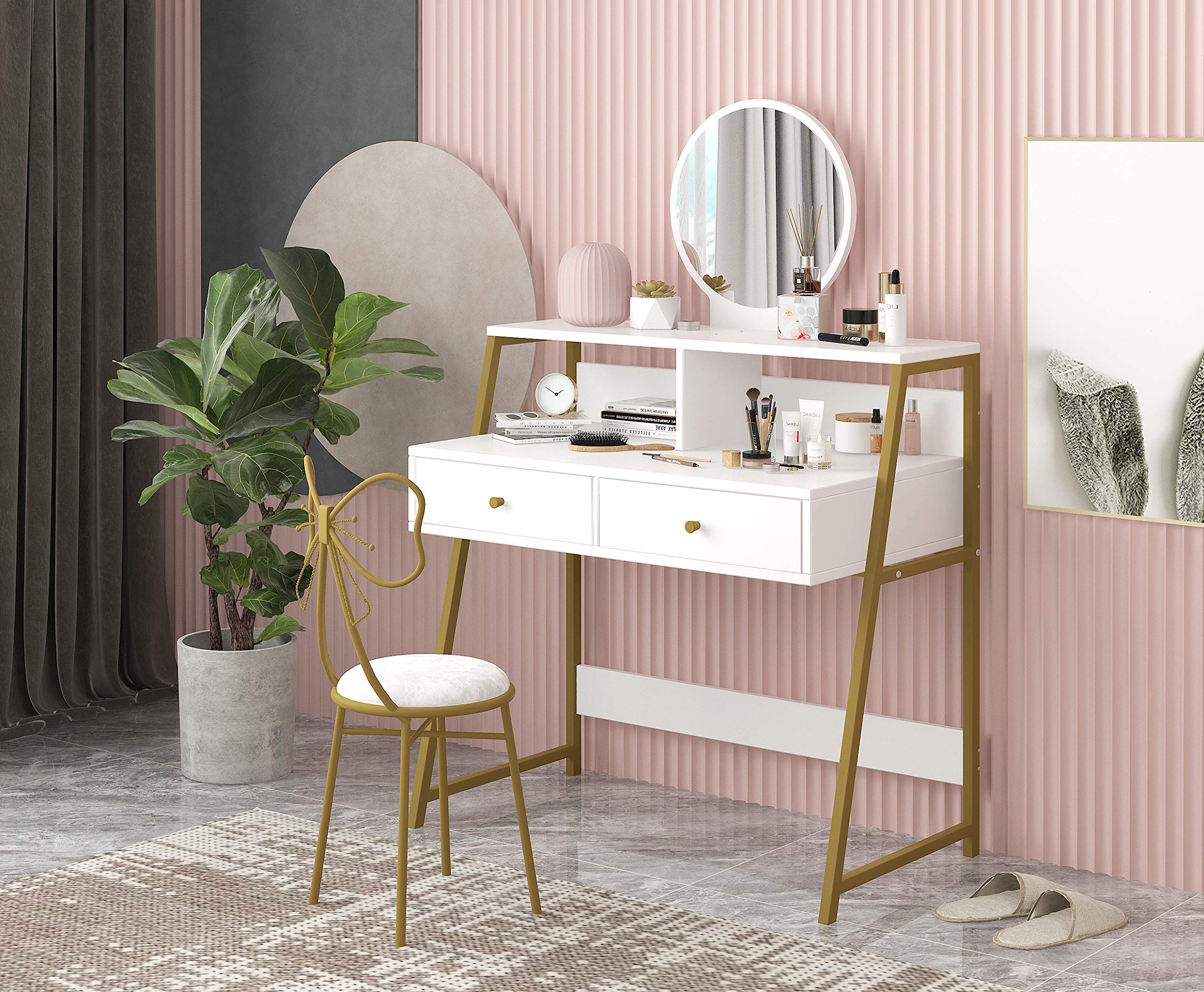RAAMZO Vanity Table Set with Mirror, USB & Power Outlet - White & Champagne Gold Makeup Desk with 2 Drawers, Laptop Computer Desk & Metal Frame - Perfect for Women & Girls' Bedroom, Dressing Room or Home Office