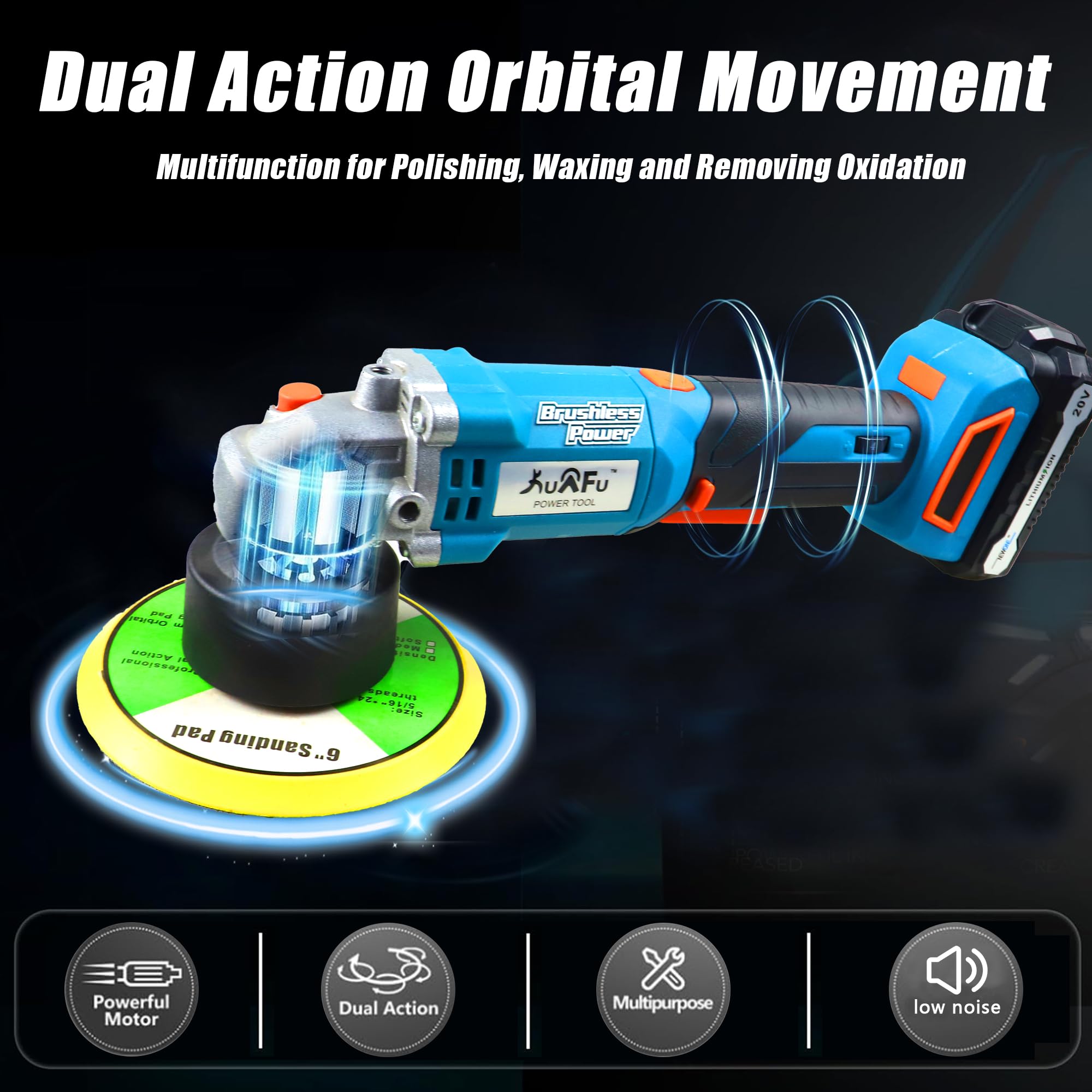 KuAFu 20V Brushless Cordless Car Polisher - 6 Inch Dual Action Buffer with 6 Variable Speeds, Anti-Vibration Handle, 4.0Ah Battery & 4 Pads for Waxing, Polishing & Scratch Removal - Perfect for Car Detailing, RV & Boat Maintenance