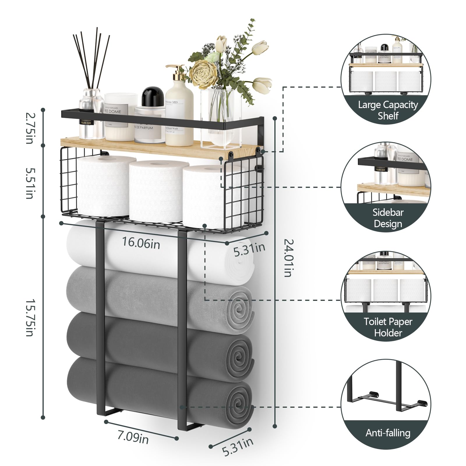 Sturdy Metal Towel Rack with Storage Basket - Wall Mounted Bathroom Organizer for Rolled Towels & Small Spaces | Perfect for Compact Bathrooms, Laundry Rooms & Spa Areas