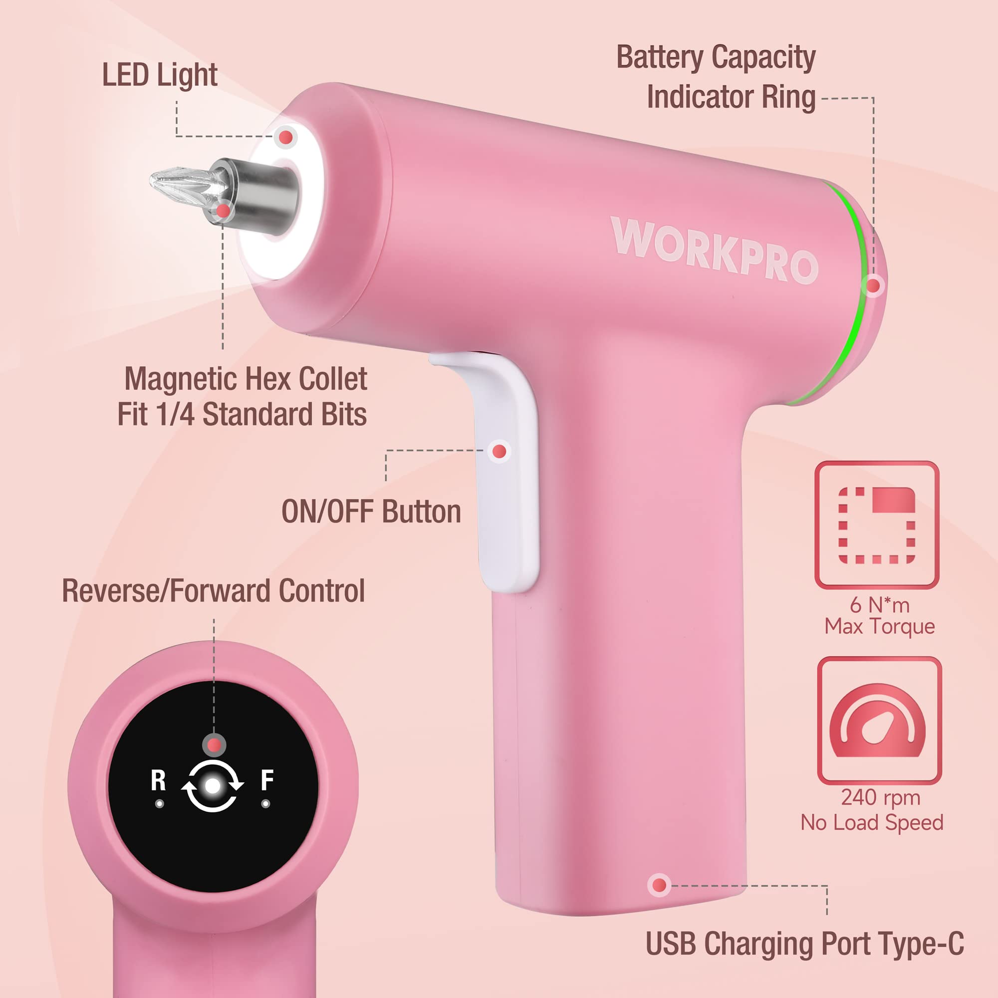 WORKPRO 4V USB Rechargeable Cordless Screwdriver Set with LED Light & 28 Accessories - Lithium-ion Battery Power Screw Gun for Home, Office, Apartment Repairs (Pink) | Perfect for DIY Projects, Furniture Assembly, and Electronics Repair