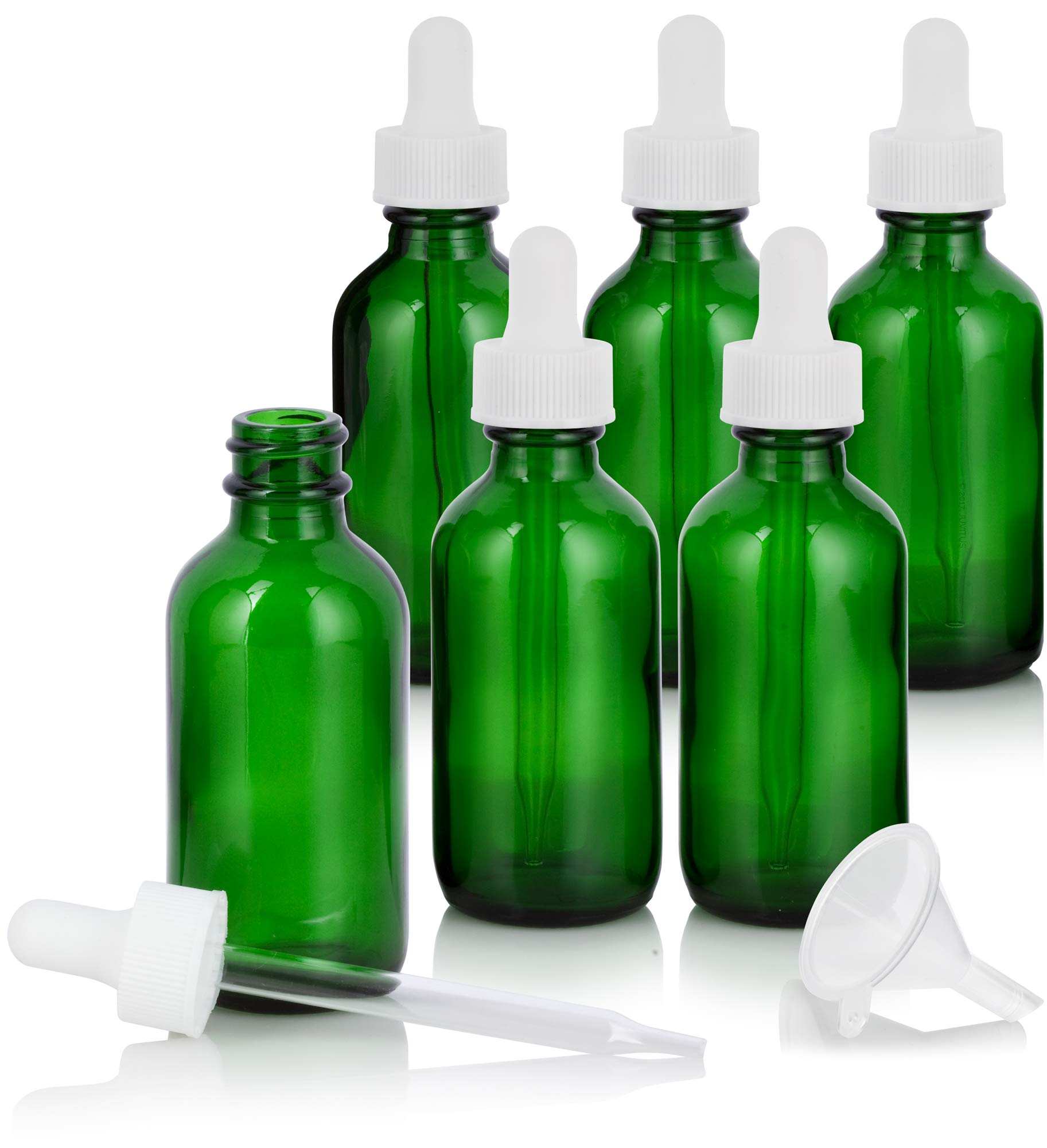 2 oz / 60 ml Amber Glass Boston Round Bottles with White Dropper Caps (6 Pack) + Funnel - Essential Oil, CBD, Tincture Storage & DIY Skincare Bottles