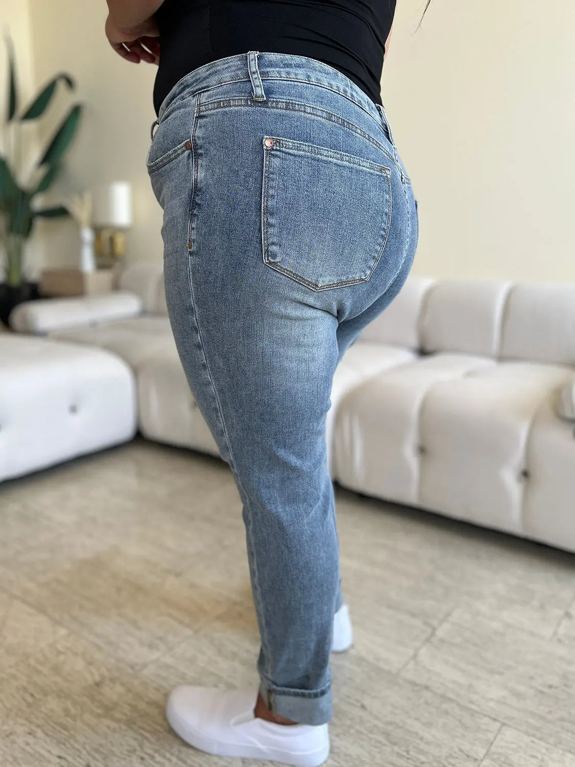 Judy Blue Women's High Waist Skinny Jeans - Stretch Denim Pants with Cuff Hem for Casual Wear & Everyday Outfits