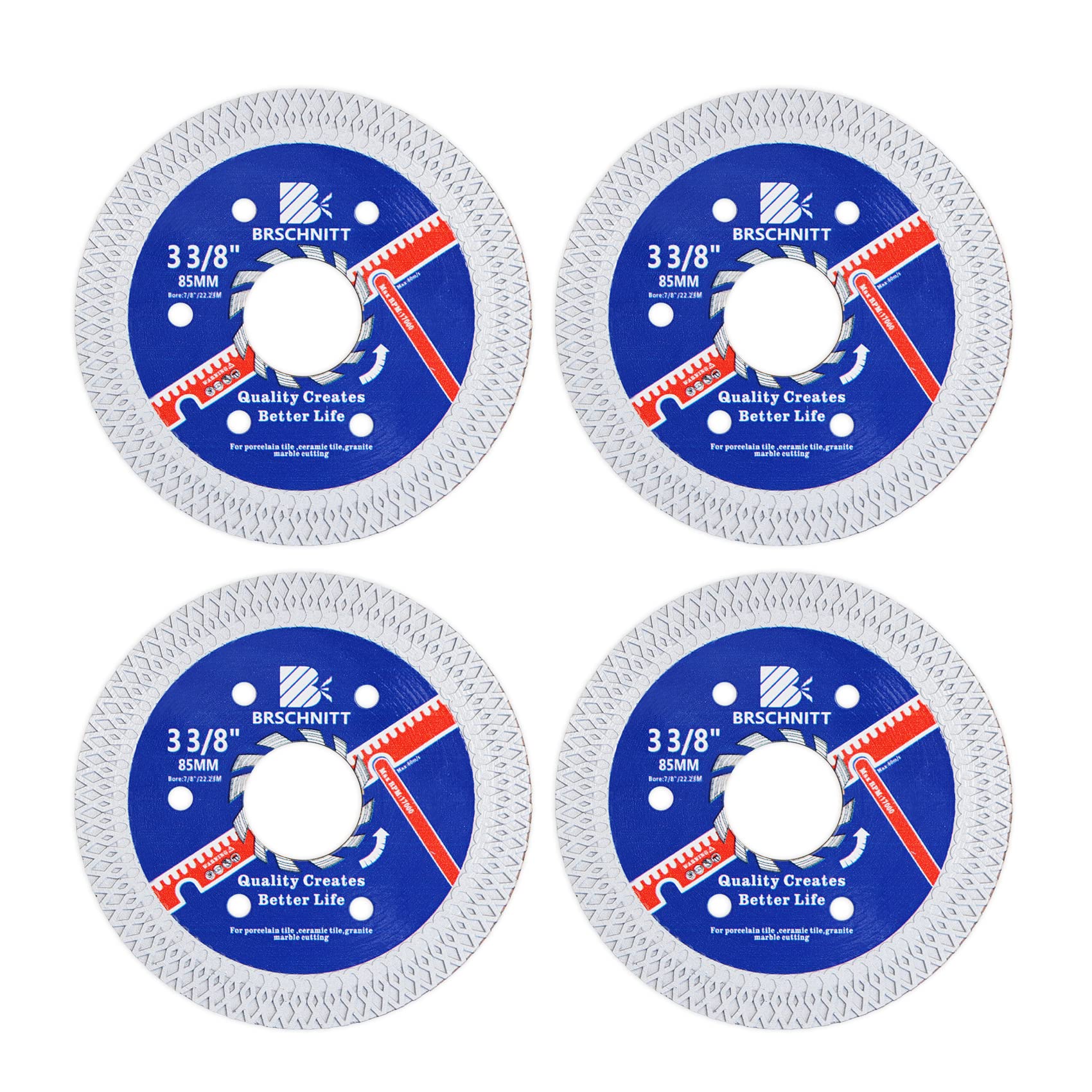 Premium 4-Pack BRSCHNITT 3-3/8 Inch (85mm) Super Thin Diamond Porcelain Saw Blades - 7/8