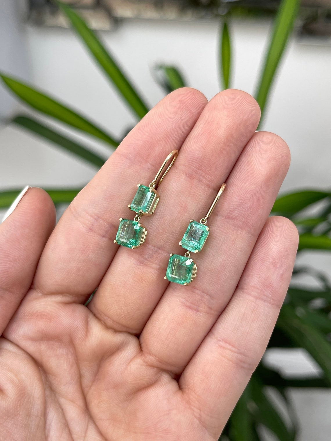 14K Gold Genuine Natural Emerald Asscher Cut Dangle Drop Hook Earrings for Women | Elegant Jewelry Gift for Birthday, Anniversary & Special Occasions