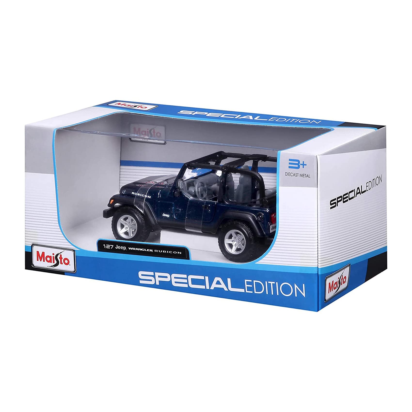 Maisto 1:27 Scale Plastic Jeep Wrangler Rubicon Diecast Model Car - Metallic Blue | Collectible Toy Vehicle for Display, Gifts & Kids Play