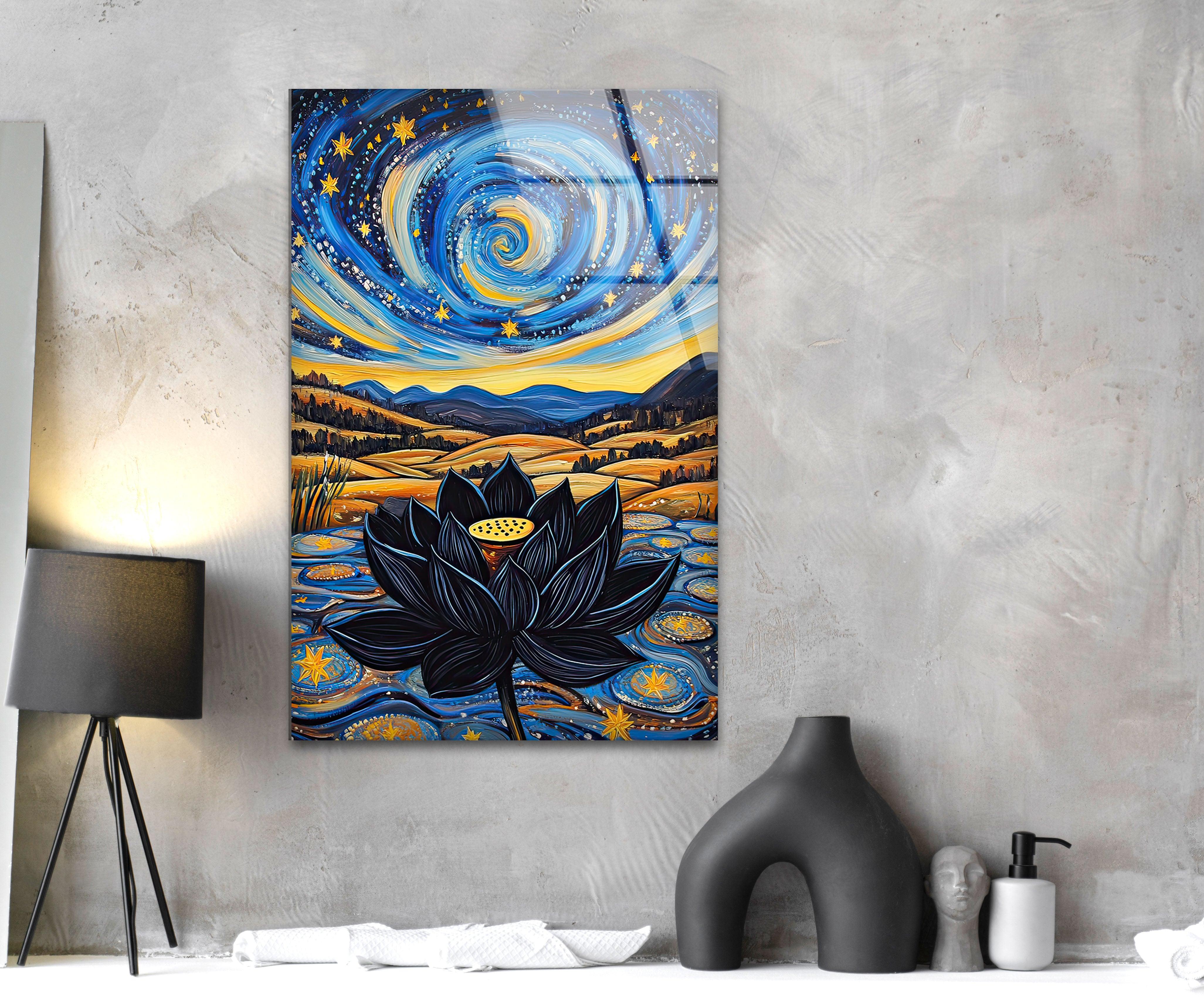 Black Lotus Glass Wall Art - Elegant Handmade Stained Glass Decor for Home & Office - Perfect for Living Room, Bedroom, and Meditation Spaces