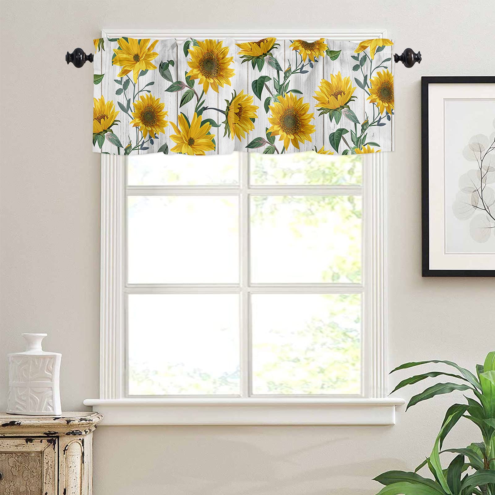 Sunflower Valance Curtains - Yellow Floral Rod Pocket Window Valance for Living Room, Bedroom, Bathroom & Kitchen - 54x18 Inches Black Panel - Perfect for Small Windows, Home Decor & Window Treatment