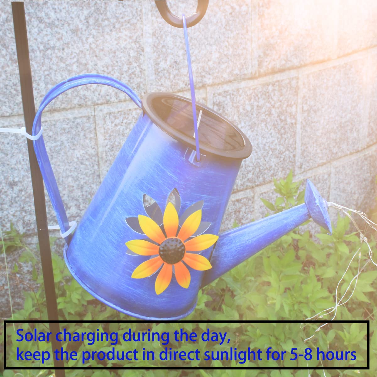 Solar Powered Blue Watering Can with LED Waterfall Lights - 60 LED Garden Decor for Yard, Path, Christmas Holiday Decoration - Includes Shepherd Hook - Perfect for Outdoor Patio, Lawn, and Seasonal Festive Lighting