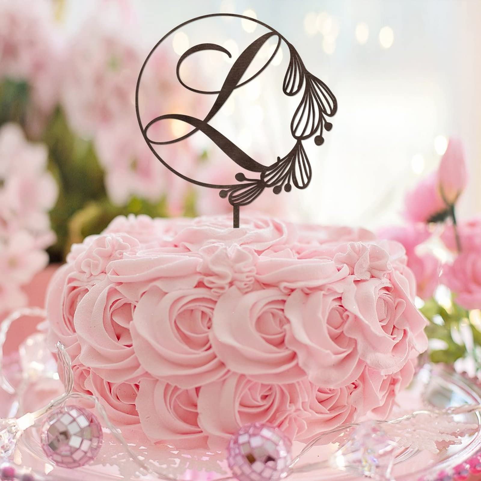 Personalized Initial L Cake Topper - Brown Wooden Wreath Monogram Cake Decor for Rustic Weddings & Birthday Parties (Design 06) | Vinisong Wedding Cake Decoration for Anniversary, Bridal Shower & Special Events