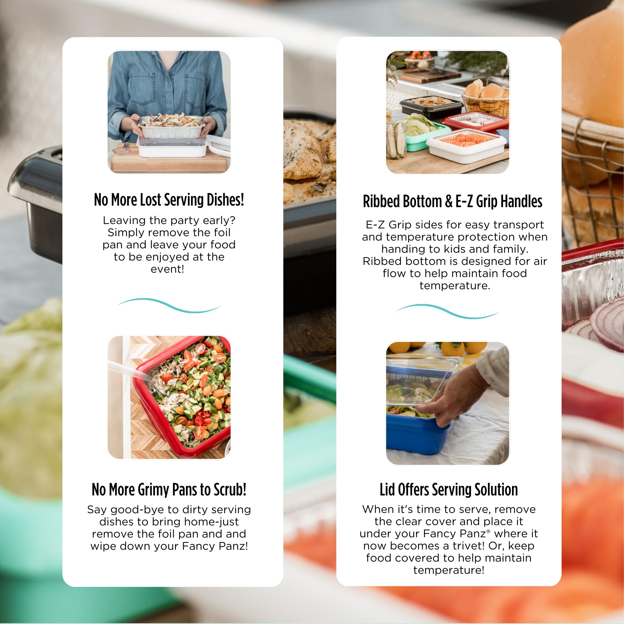 Premium 8x8 Stackable Aluminum Serving Tray with Foil Pan Carrier | Made in USA | Denim Blue Food Tray for Travel, Picnics & Potlucks | Includes Disposable Foil Pan & Serving Spoon