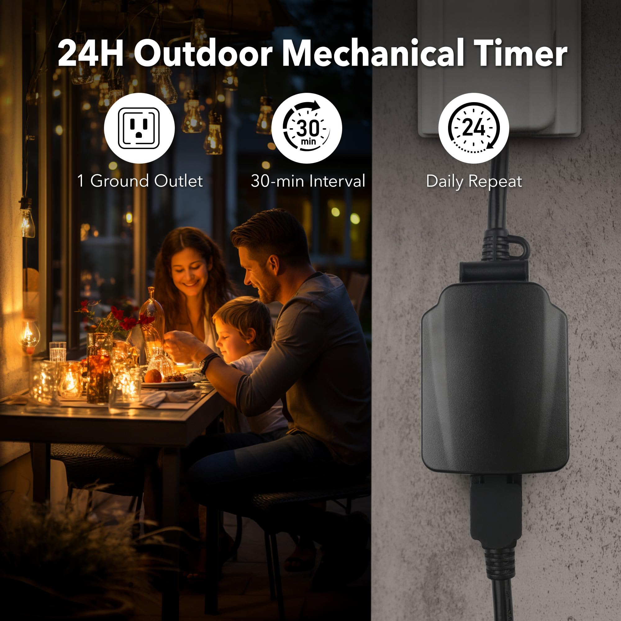BN-LINK 24-Hour Heavy Duty Outdoor Timer Plug (2 Pack) - Waterproof Mechanical Light Timer with Grounded Outlet for String Lights, Halloween Decor, Christmas Lights & Outdoor Decorations - 15A 1/2HP - Perfect for Patio, Garden, Yard & Holiday Lighting