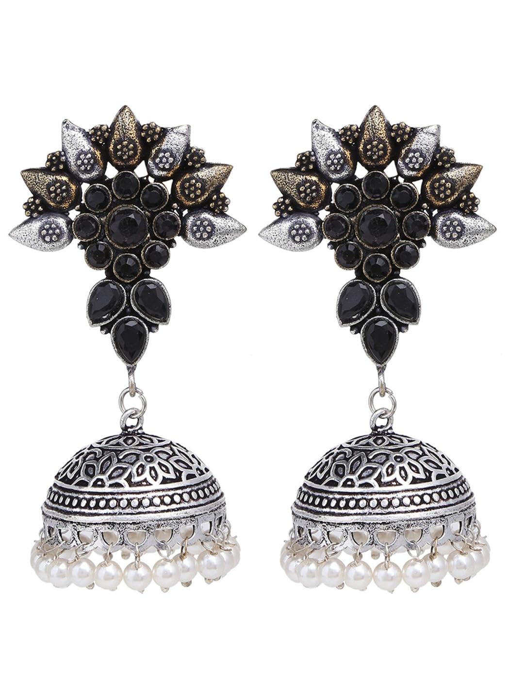 Efulgenz Indian Oxidized Jhumka Earrings for Women - Boho Antique Ethnic Tribal Jewelry with Faux Pearl Drop & Floral Design - Perfect for Weddings, Parties, and Cultural Events