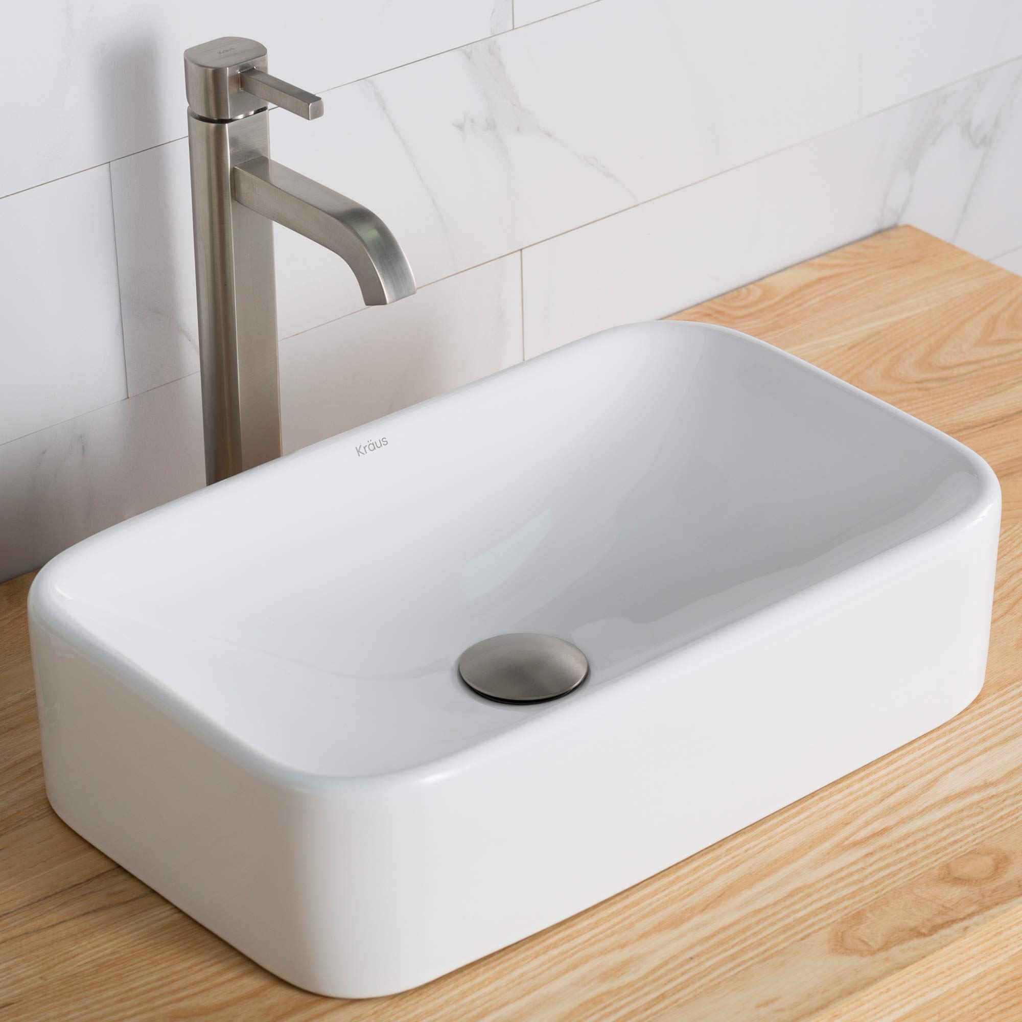 Kraus C-KCV-122-1007SN White Rectangular Ceramic Kitchen Sink with Ramus Single-Hole Faucet in Satin Nickel Finish - Perfect for Modern Farmhouse & Contemporary Kitchen Remodels