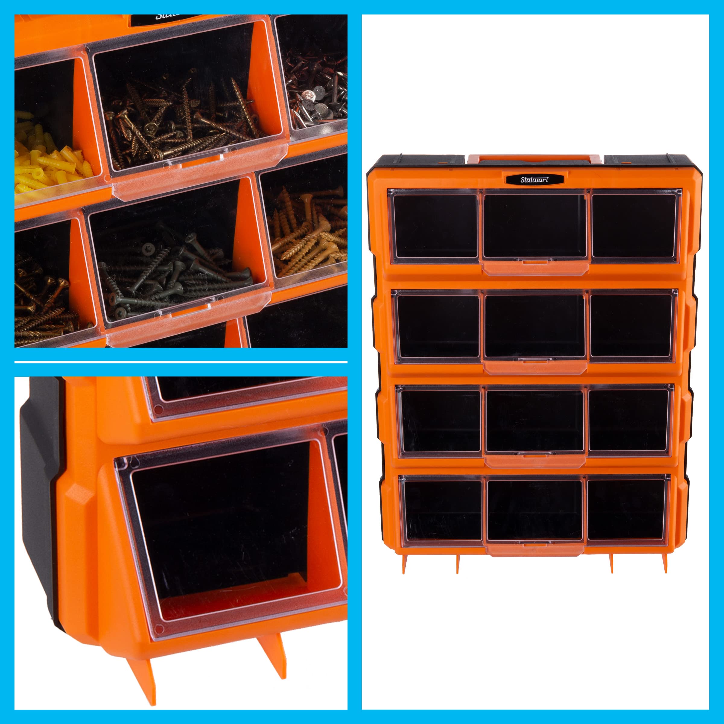 Stalwart 12-Bin Plastic Storage Drawer Organizer - Black Screw Cabinet for Hardware, Craft Supplies & Toys - Perfect for Garage, Workshop & Home Organization - Space Saving Storage Solution for DIY, Crafts & Small Parts