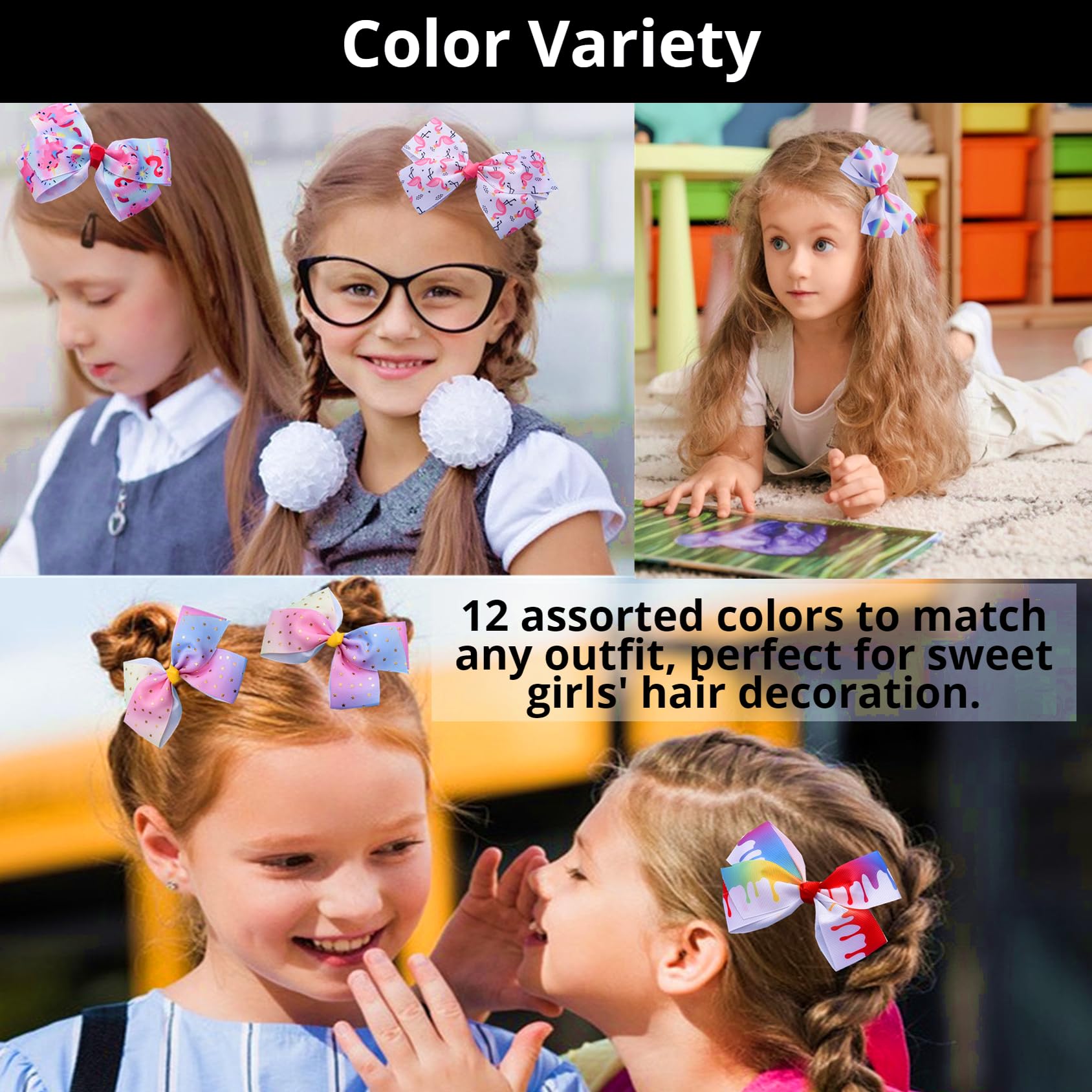 Fsmiling Girls Hair Bows - 12 Pack Alligator Clip Grosgrain Ribbon Hair Accessories for Toddlers & Kids - Valentine's Day, Easter Party, Birthday Gifts & School Events