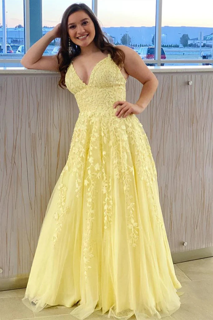 Elegant A-Line Yellow Long Prom Dresses with Lace Details - Formal Evening Gown for UK Parties | Perfect for Homecoming, Prom Night & Special Occasions