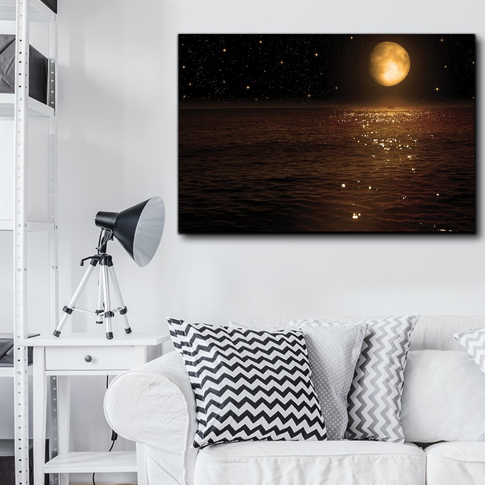 Wall26 - Gold Moon and Bright Stars Illuminating Ocean at Night Canvas Wall Art - 32x48 Inches - Modern Home Decor for Living Room, Bedroom & Office