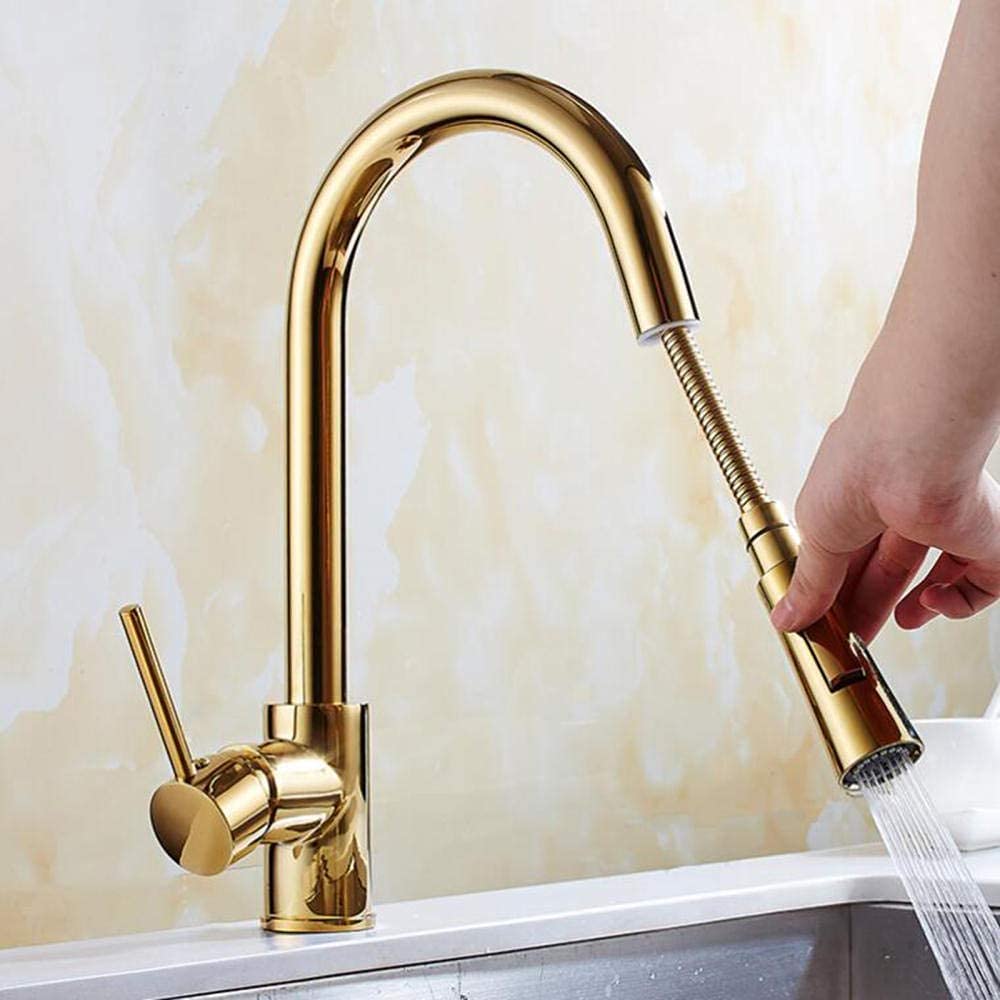Gold Pull Down Kitchen Faucet with Sprayer - 360° Rotating Brass Single Hole Faucet for Hot & Cold Water - Perfect for Modern Kitchens & Food Prep Areas
