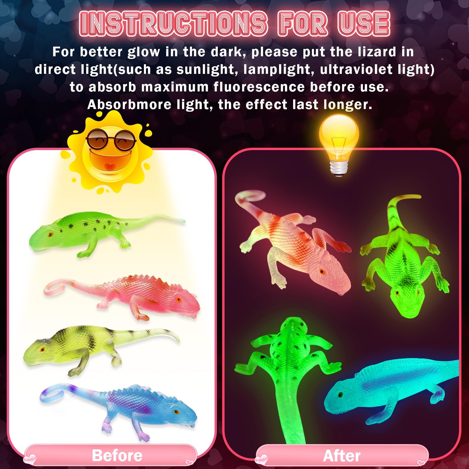 24 Pack Glow in The Dark Lizards Valentine Cards for Kids - Classroom Exchange, School Party Favors & Prizes | Fun Valentine's Day Gifts for Classroom Activities & Holiday Celebrations
