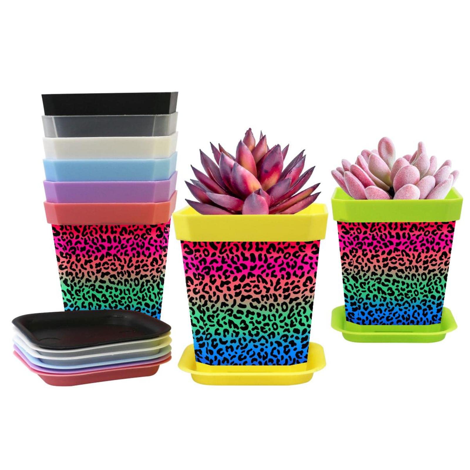 8-Pack Stylish Gradient Rosy Green Blue Pink Leopard Planter Pots with Trays - Modern Indoor Flower Pots for Succulents, Herbs & Houseplants | Perfect for Home Decor, Office Desk & Garden Display