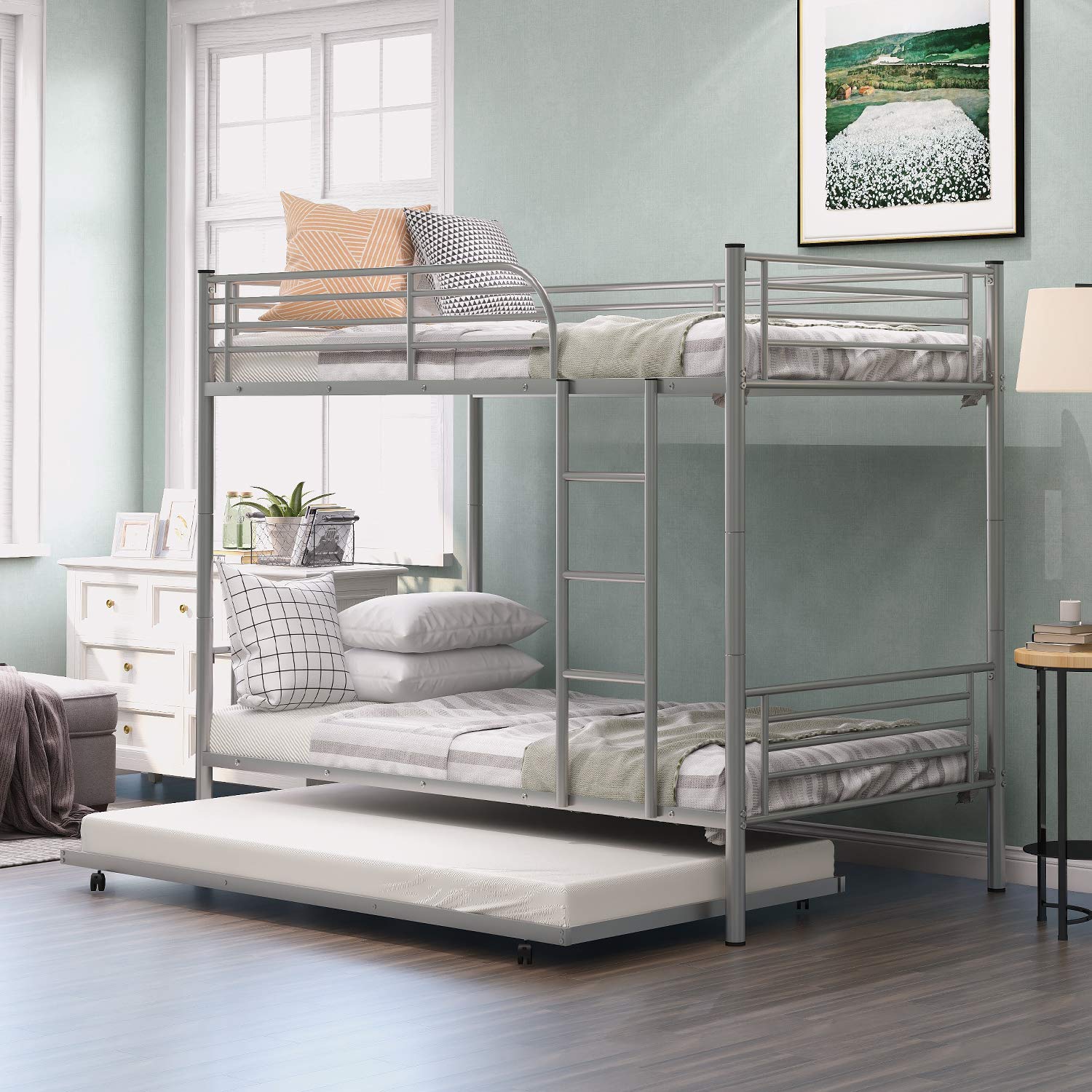 Harper & Bright Designs Twin Over Twin Metal Bunk Bed with Trundle, Ladder & Safety Rail - Space-Saving Kids Bedroom Furniture for Sleepovers & Small Rooms (Silver, Twin/Twin)
