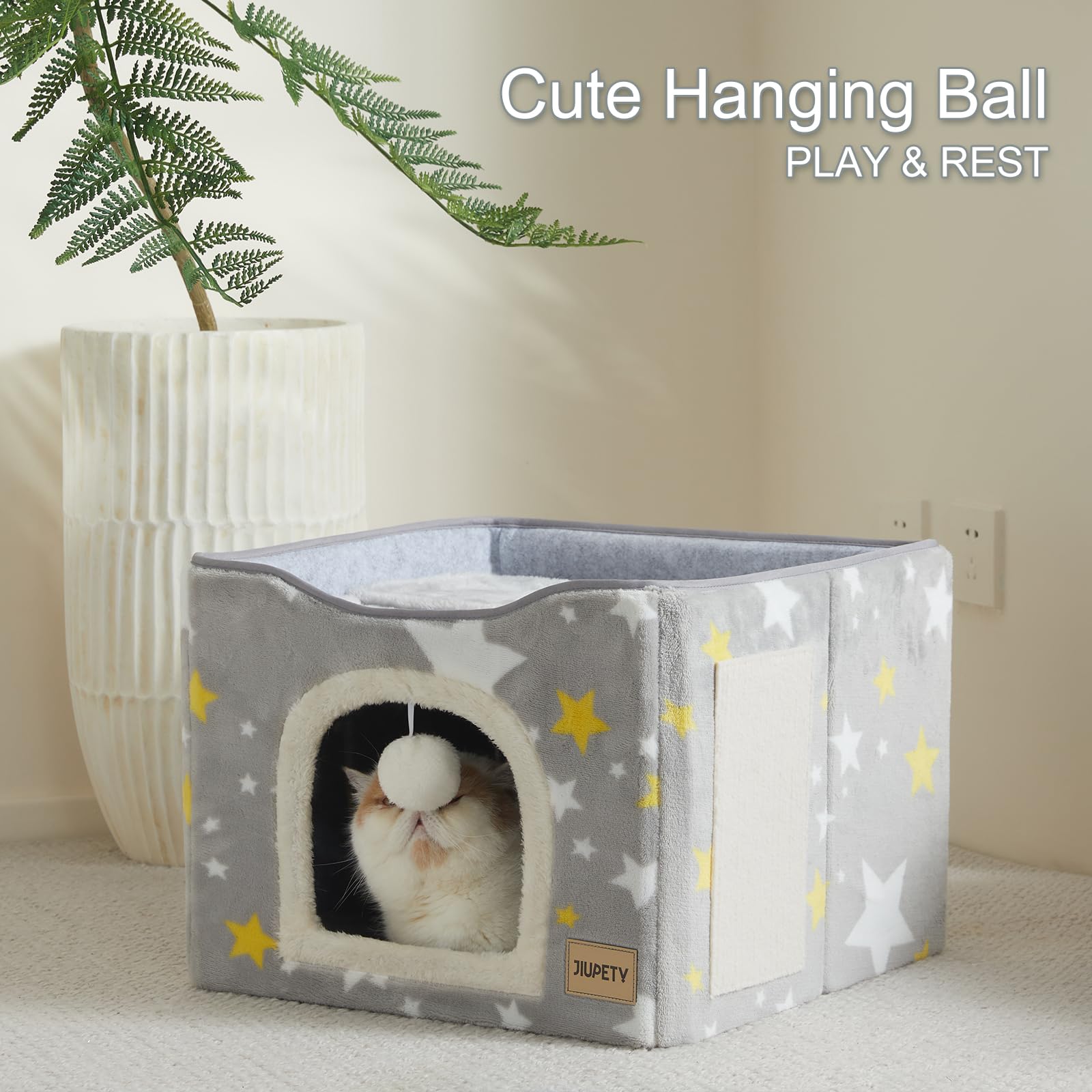 Jiupety Large Cat Bed for 2 Cats - Foldable Cat Cave Cube with Scratch Pad & Toy Ball - 17in Grey Indoor Cat House for Hideaway, Play & Sleep - Perfect for Kittens & Adult Cats in Living Rooms or Bedrooms