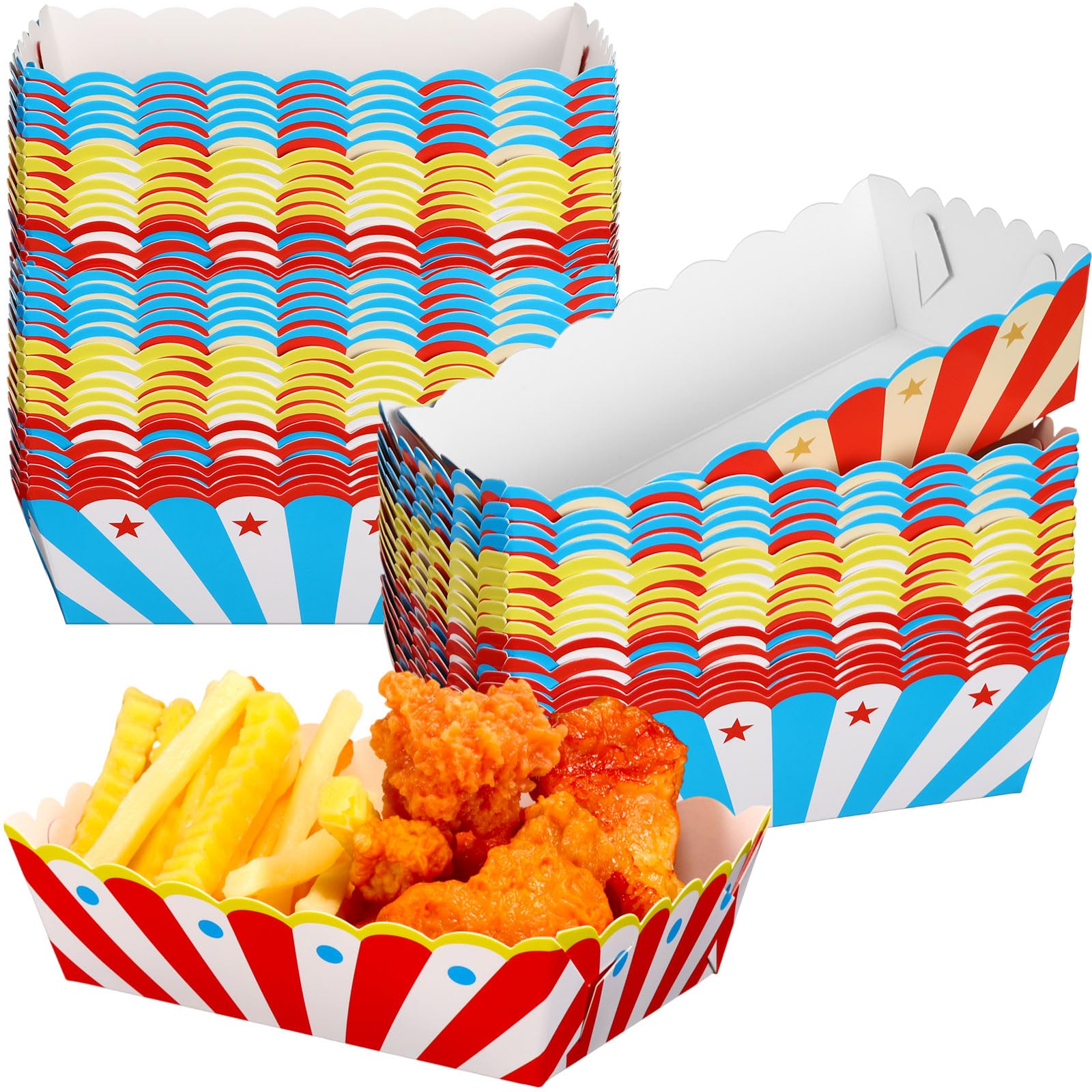 Honeydak 60 Pcs Disposable Carnival Food Trays - Eco-Friendly Paper Boats & Hot Dog Boxes for Circus, Birthday Party, BBQ, Picnic, and Outdoor Events - Bulk Party Supplies & Decorations