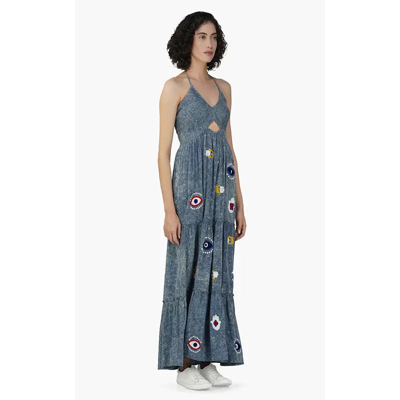 Evil Eye Maxi Dress for Women - Bohemian Long Flowy Summer Dress with Protection Symbol | Perfect for Beach Vacations, Music Festivals & Boho Chic Outfits