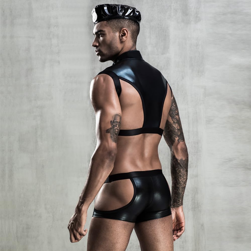 Sexy Police Costume Lingerie for Men - Black, Size L - Roleplay Underwear for Halloween, Cosplay & Adult Parties