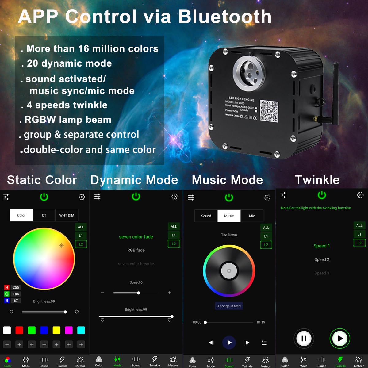 AZIMOM 50W High Brightness Twinkle Fiber Optic Star Ceiling Kit - 1000pcs 0.03in 16.5ft Fiber Strands with Sound Activation & Bluetooth/APP Remote Control - Perfect for Home Theater, Shop Lobby, and Ceiling Decor