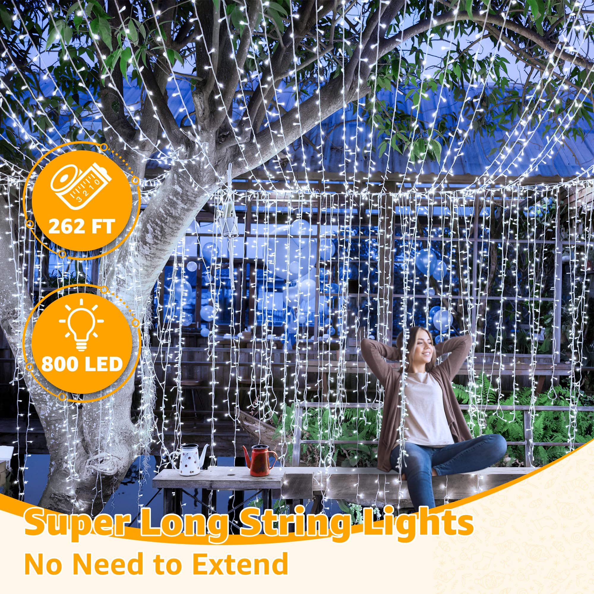 Ollny 800LED 262FT Outdoor String Lights - Waterproof Fairy Lights with Remote Control, 8 Modes Timer & Dimmable - Perfect for Christmas, Patio, Garden, Bedroom, Camping & Indoor Decor