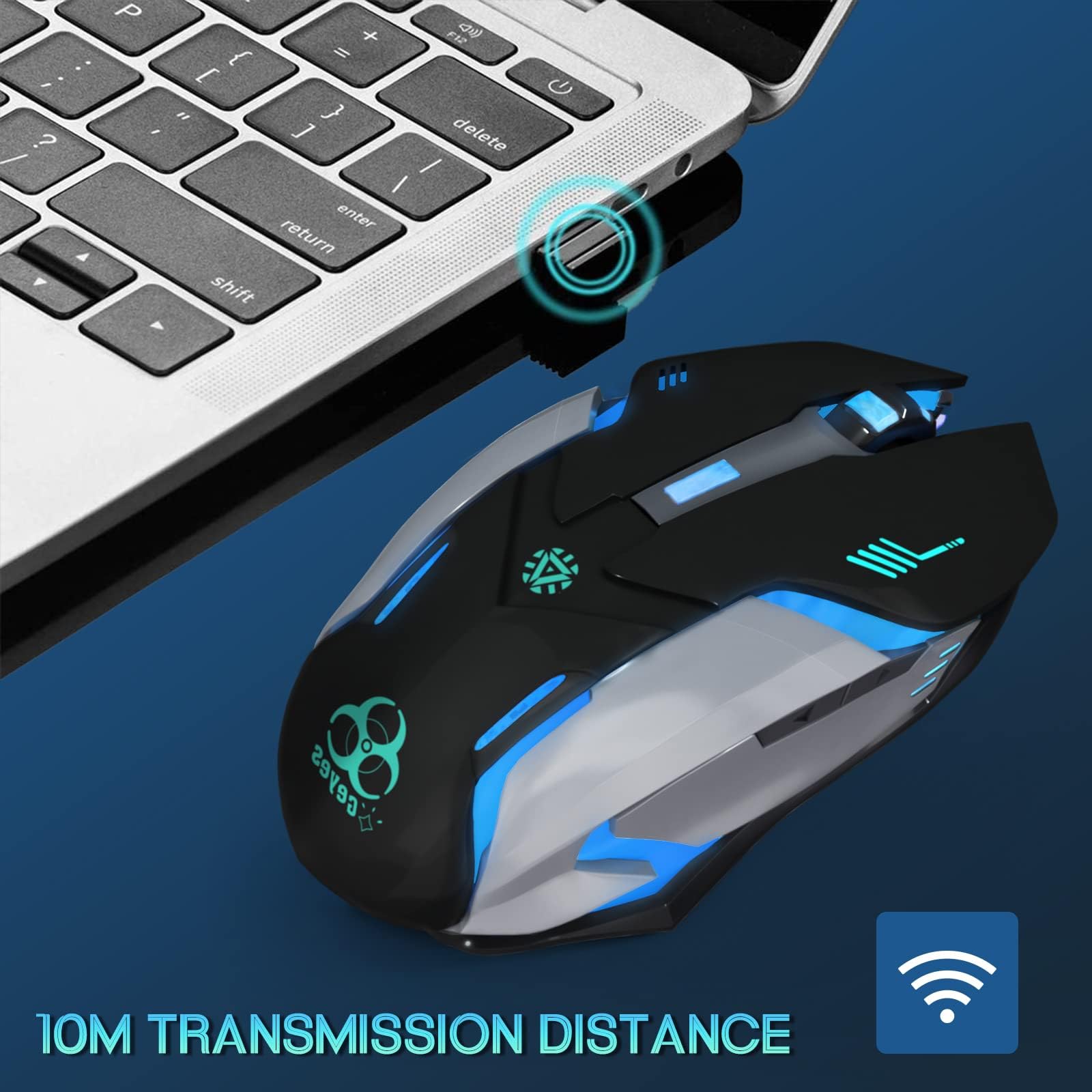 VEGCOO C8 Wireless Gaming Mouse - Silent Click Rechargeable Mouse with RGB LED Lights, 3 Adjustable DPI (800/1600/2400), 400mAh Battery for PC, Laptop, Mac - Perfect for Gaming, Office Work & Home Use (Black)