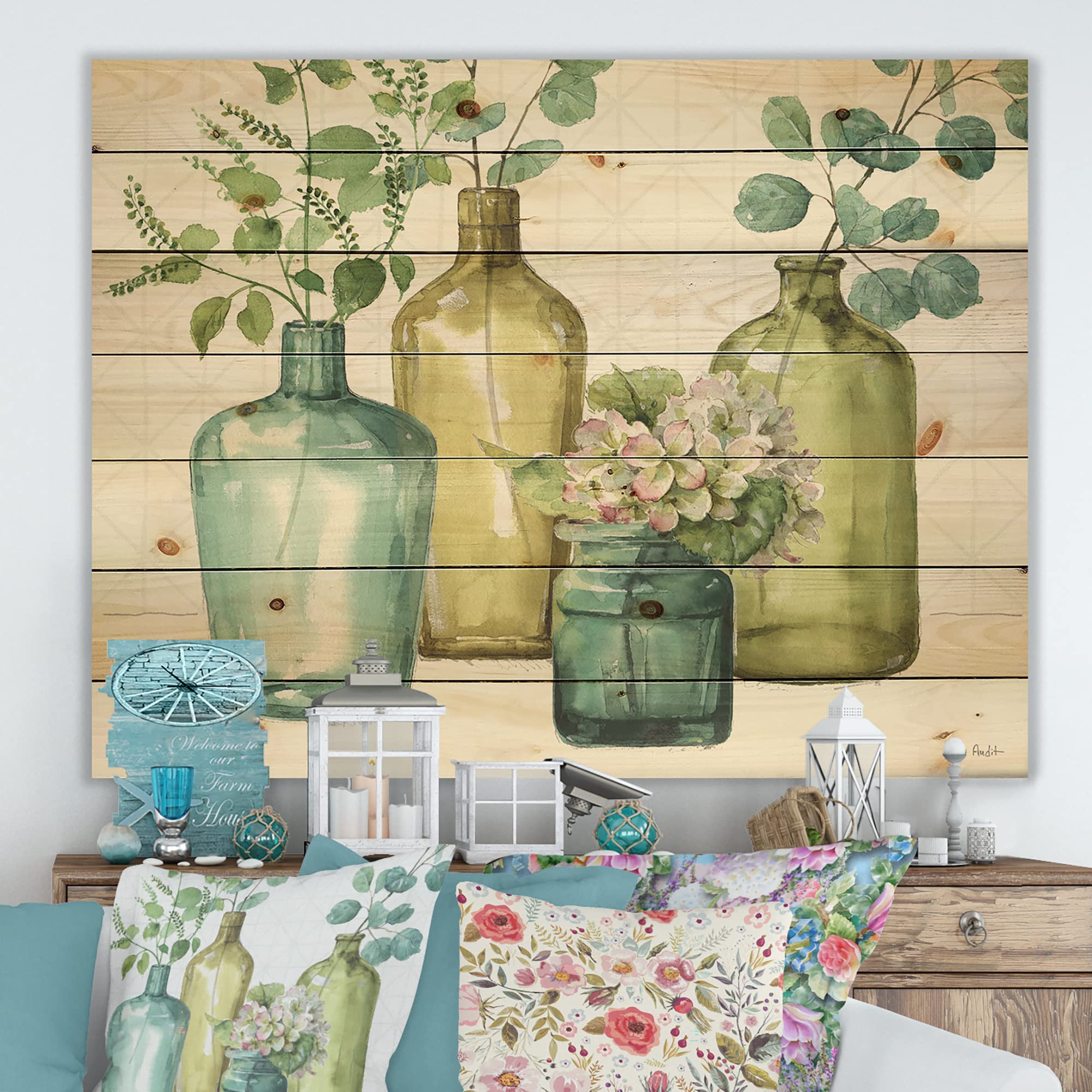 Mixed Botanical Green Leaves VIII Farmhouse Wood Wall Decor - Large Floral Wood Wall Art Panels Printed on Natural Pine - Perfect for Living Room, Bedroom & Home Office Decor