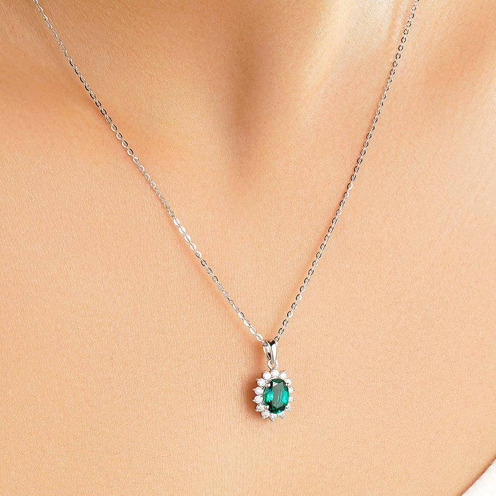 1.64 CT Floral Halo Oval Emerald Pendant Necklace - Elegant 14K Gold Gemstone Jewelry for Women, Perfect for Weddings, Anniversaries & Special Occasions