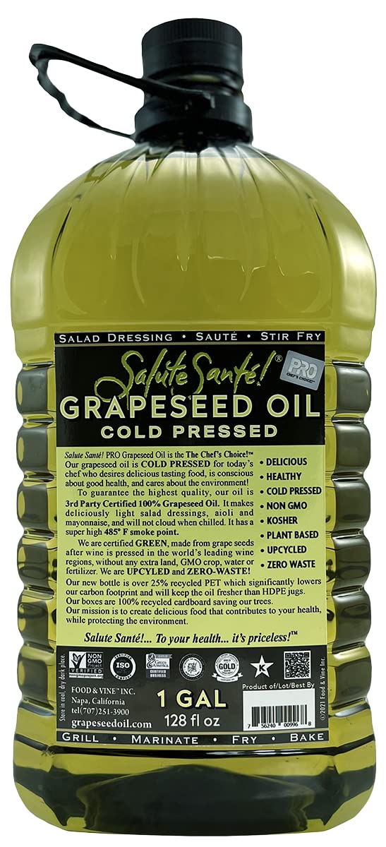 Salute Sante Cold Pressed Grapeseed Oil - Non-GMO, Kosher, Vegan for Cooking & Dressings