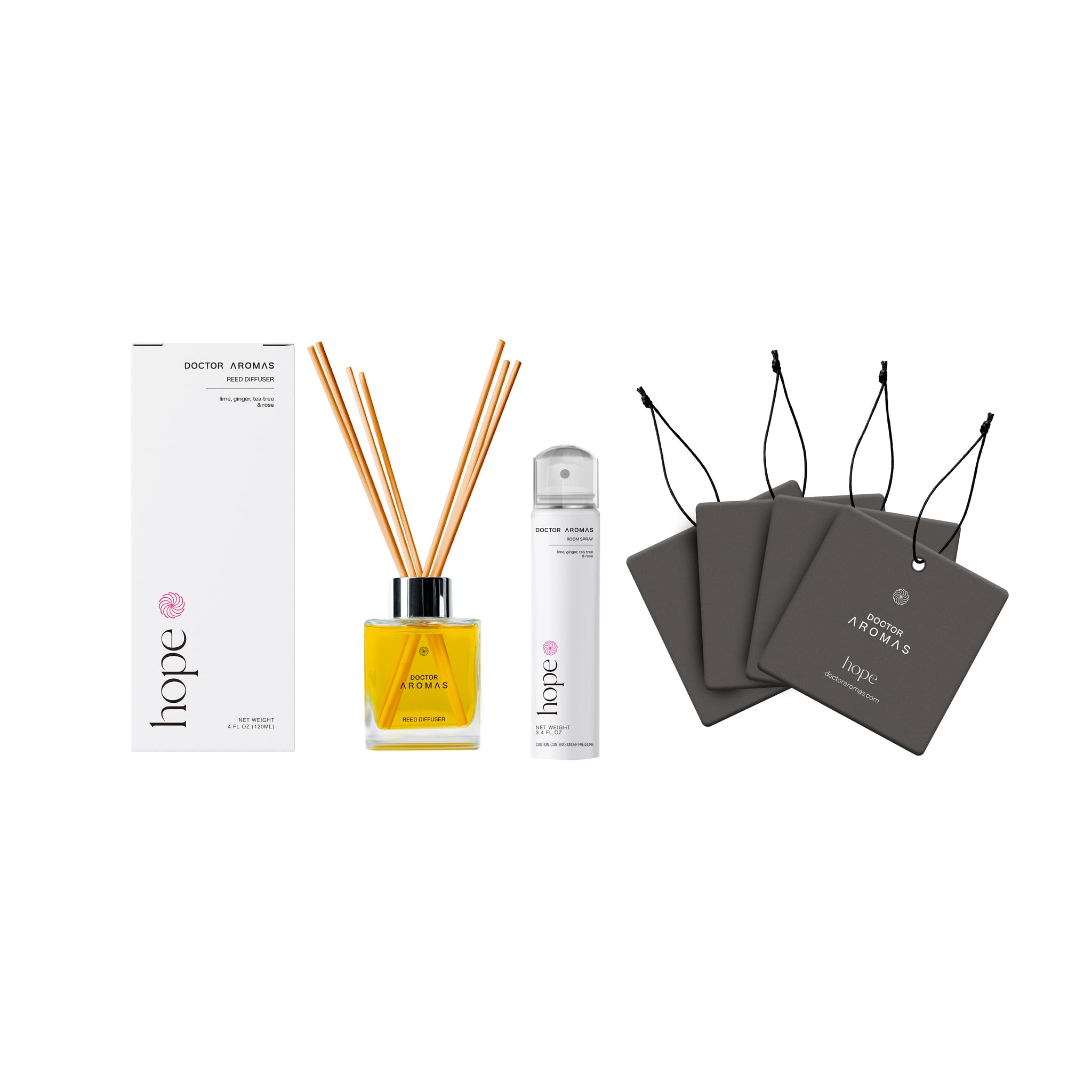Doctor Aromas Gift of Hope Essential Oil Set - Reed Diffuser, Room Spray & 4 Car Fresheners | Natural Aromatherapy Kit for Home, Office & Car | Stress Relief & Air Freshening Gift Set