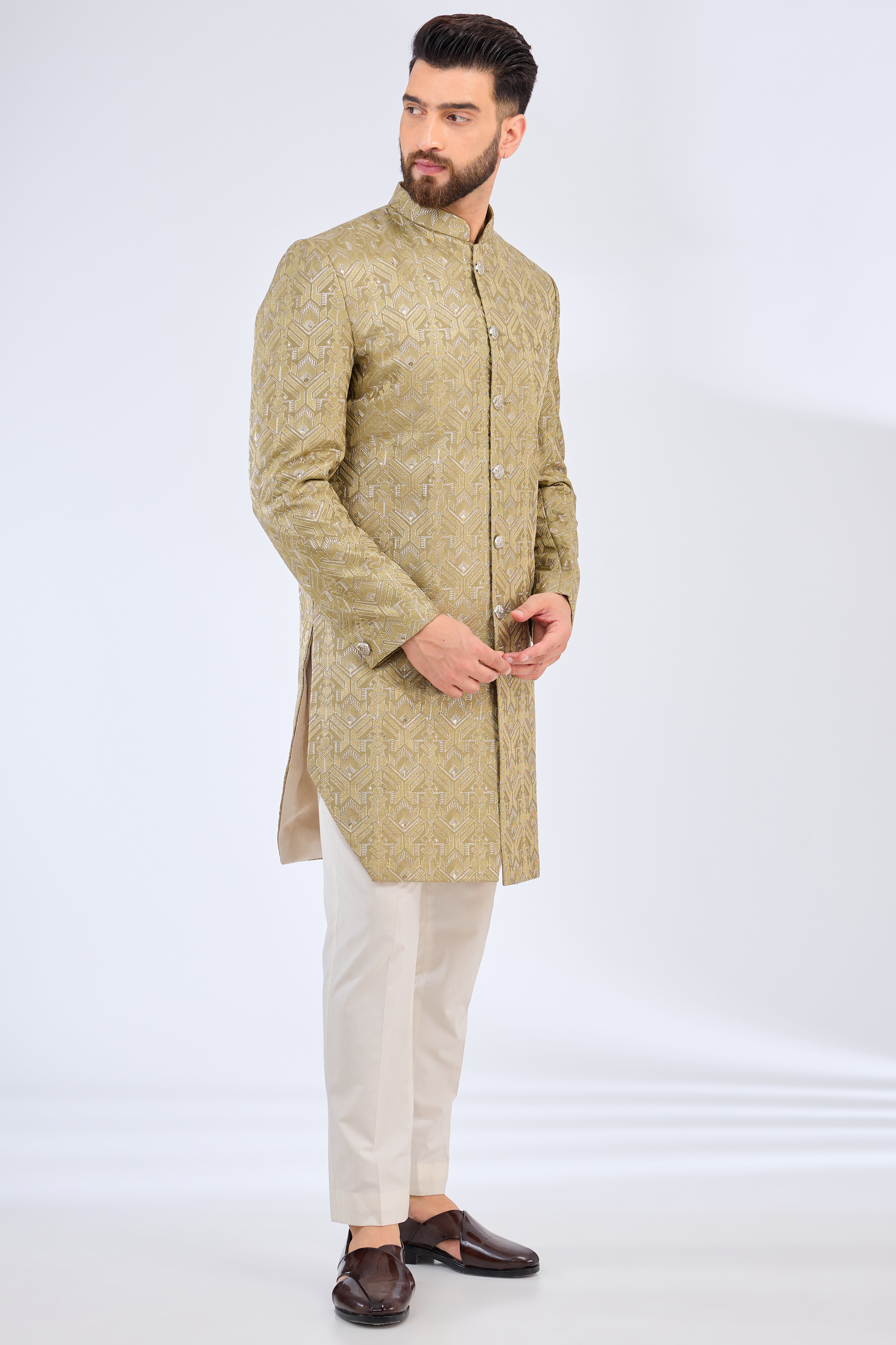 Elegant Mehndi Green Royal Cut Sherwani for Men | Traditional Indian Wedding Attire | Perfect for Grooms, Festivals & Special Occasions