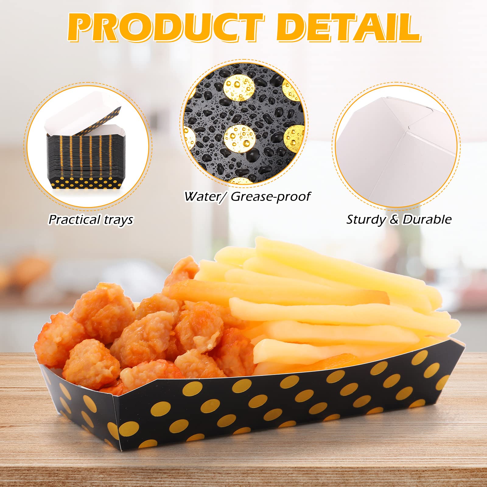 Colarr 150-Pack 2 lb Gold Dot Disposable Hot Dog Trays - 7 Inch Black Oil-Resistant Fast Food Paper Boats & Cardboard Baskets for Parties, Picnics, BBQs, and Outdoor Events