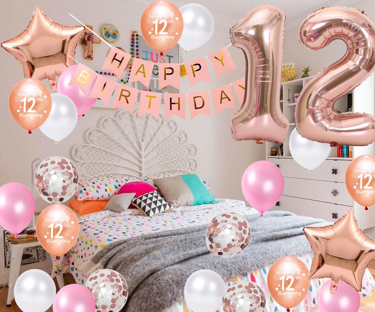 Rose Gold 12th Birthday Party Decorations Set - Happy Birthday Banner, Number 12 Balloons, Star Foil & Confetti Balloons for Girls | Perfect for 12th Birthday Celebrations, Sweet 16 Parties & Special Occasions