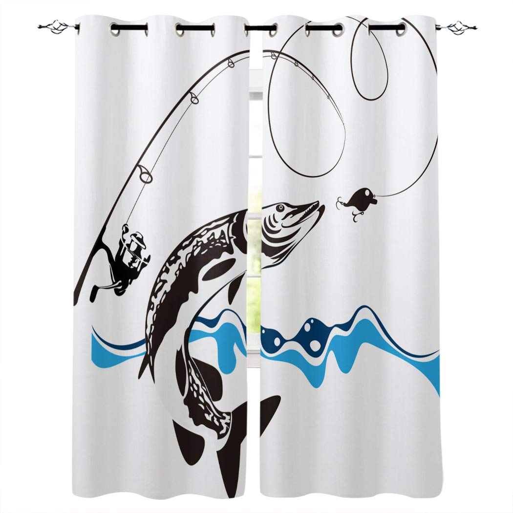 Blackout Curtains for Kids Bedroom & Living Room - Fishing Hook Design Window Drapes, Grommet Top Panels Set (52x96 Inches, 2 Panels) - Perfect for Nursery, Bedroom, Kitchen & Home Theater Light Blocking